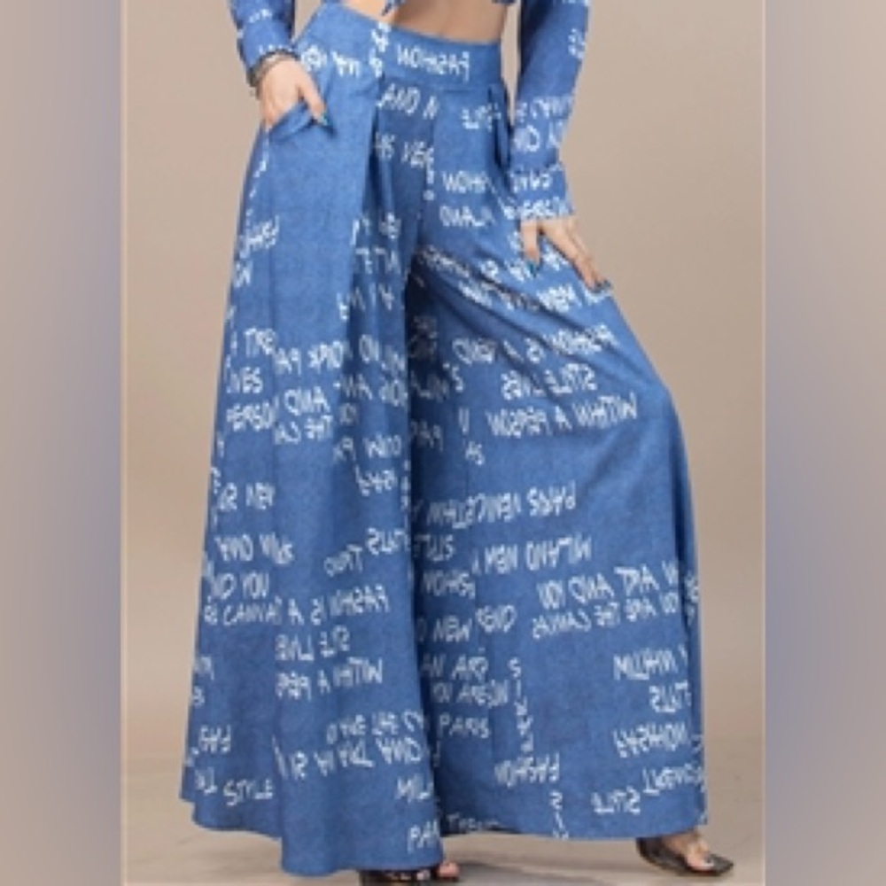 Denim Fashion Print Wide Leg Trousers